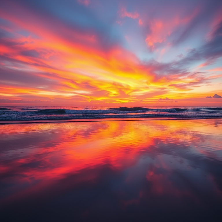 Capture a high-resolution image of a vibrant sunset over a calm beach, using a DSLR camera with a 24mm lens, aperture f/8, ISO 200, and a shutter speed of 1/125 second, from a low angle perspective to emphasize the reflection on the water and the colorful sky.
