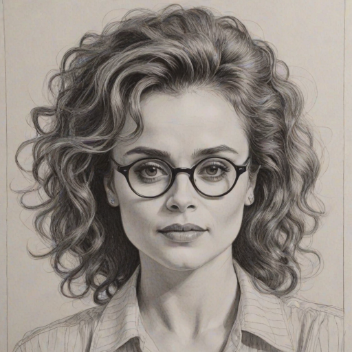 Radiant Helena Bonham Carter, pencil sketch, portrait of Exquisite woman 1958s in glasses, hair style beatnik, outline, clear lines, fine lines, 8k
