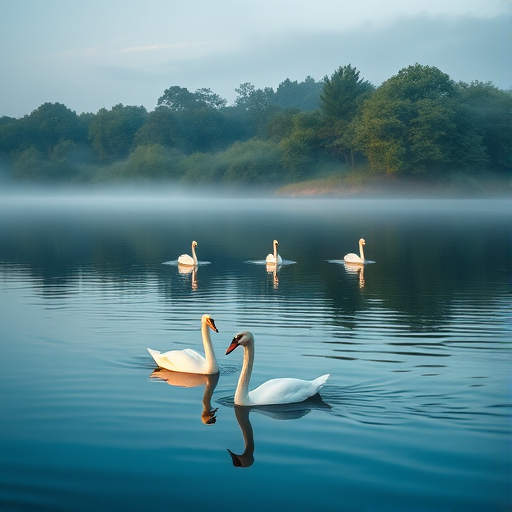 Create a serene landscape of a calm lake at dawn with graceful swans swimming, surrounded by lush green trees and soft morning light filtering through fog, using a Canon EOS 5D Mark IV with a 50mm f/1.8 lens, aperture f/2.8, shutter speed 1/250s, ISO 100, wide-angle view for depth and clarity.
