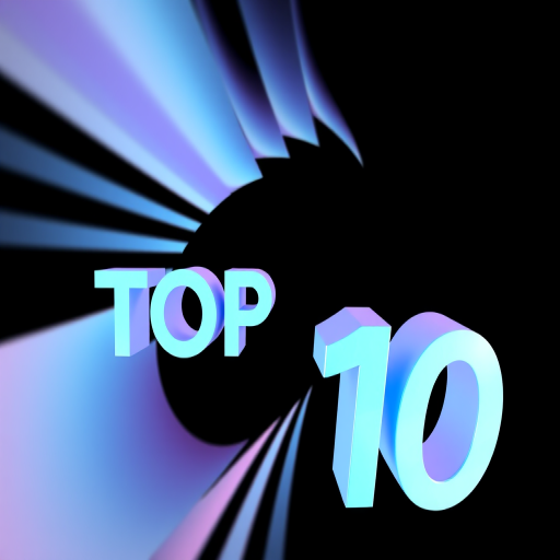 Generate a vibrant 3D design featuring the text "TOP 10" floating in a spiraling pattern against a black background, using a wide-angle lens at f/11, ISO 100, and a 24mm focal length to enhance clarity and depth.
