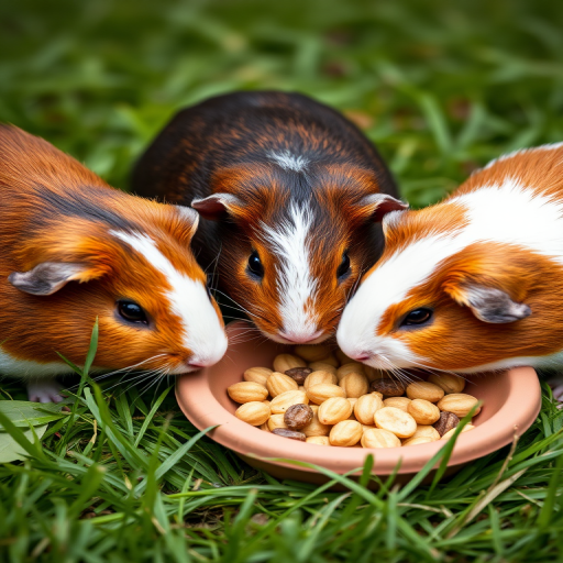 Three guinea pigs with brown and white fur eating from a clay dish in a green grassy area, taken with a Nikon D850, 50mm lens, f/1.8 aperture, ISO 200, natural lighting, shallow depth of field.