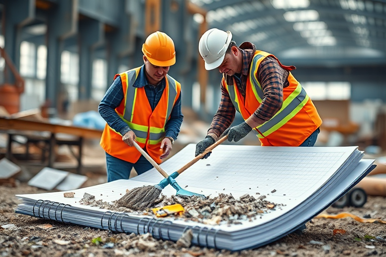 Create a hyper-realistic image of two construction workers in bright orange reflective vests sweeping debris in a creatively oversized notebook, using a DSLR camera with a 50mm lens, aperture set to f/2.8, ISO 100, and natural lighting to enhance detail and contrast.