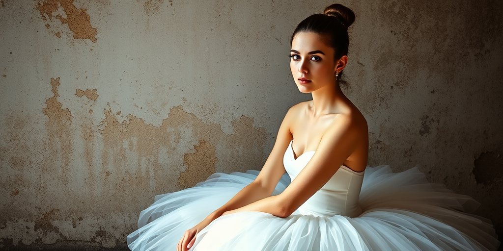 Capture a serene portrait of a ballerina in a delicate white tutu, seated gracefully against a textured, peeling wall, with soft natural light illuminating her features, using a Canon EOS R5, 85mm lens, aperture f/1.8, ISO 100, and a shallow depth of field for a dreamy effect.