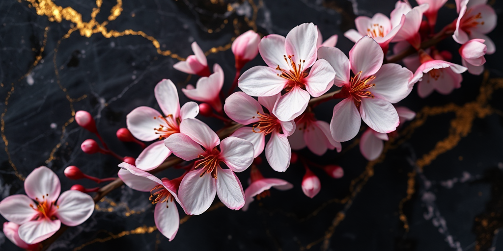 create a high-resolution digital artwork of abstract floral design featuring blooming cherry blossoms on a marbled dark background with golden accents, shot with a DSLR camera at f/2.8 aperture, ISO 100, 50mm lens, top-down view, natural lighting to enhance colors and details