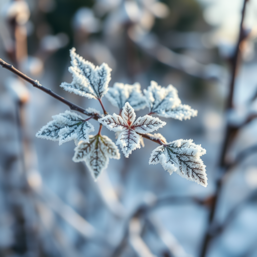 macro shot of frost-covered leaves on a branch in a crisp winter landscape with blurred background, aperture f/2.8, shutter speed 1/200s, ISO 100, DSLR camera, natural lighting