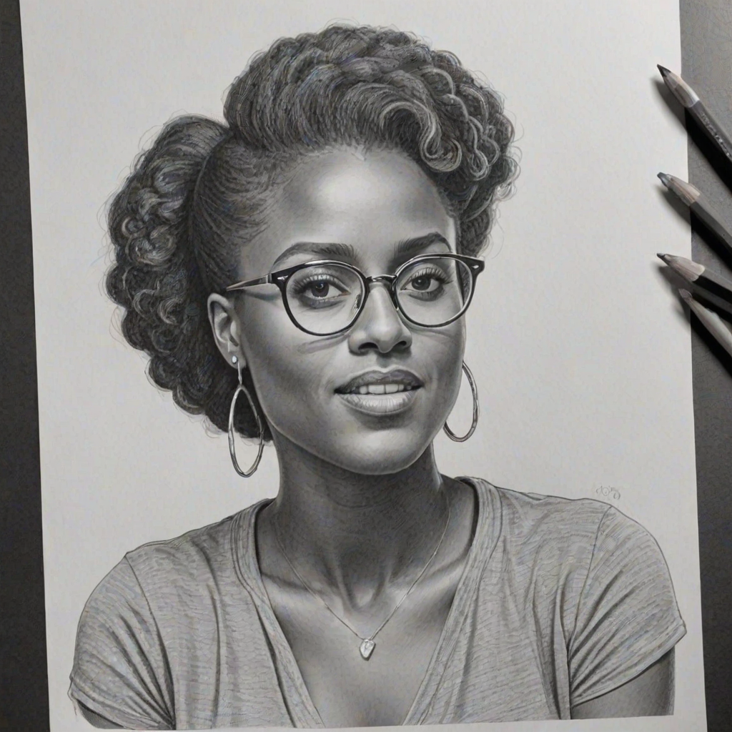 Lovely Issa Rae, pencil sketch, portrait of Wonderful woman 1952s in glasses, hair style beatnik, outline, clear lines, fine lines, 8k