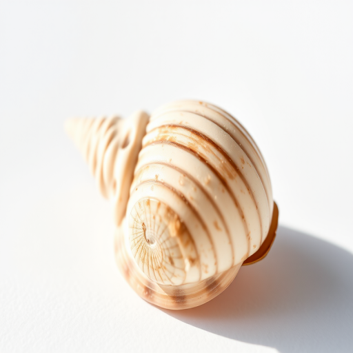 Regenerate a close-up image of a seashell on a clean white background, using a DSLR camera with a 50mm lens, aperture set at f/2.8 for shallow depth of field, ISO 100 for high image quality, and natural lighting to enhance details and textures.