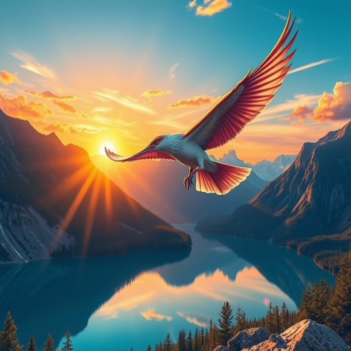 Create a vibrant illustration of a mythical bird soaring above a crystal-clear lake surrounded by mountains during sunset, using a DSLR camera with a 50mm lens at f/1.8, ISO 100, 1/500s, capturing a panoramic view with vivid colors and sharp details.