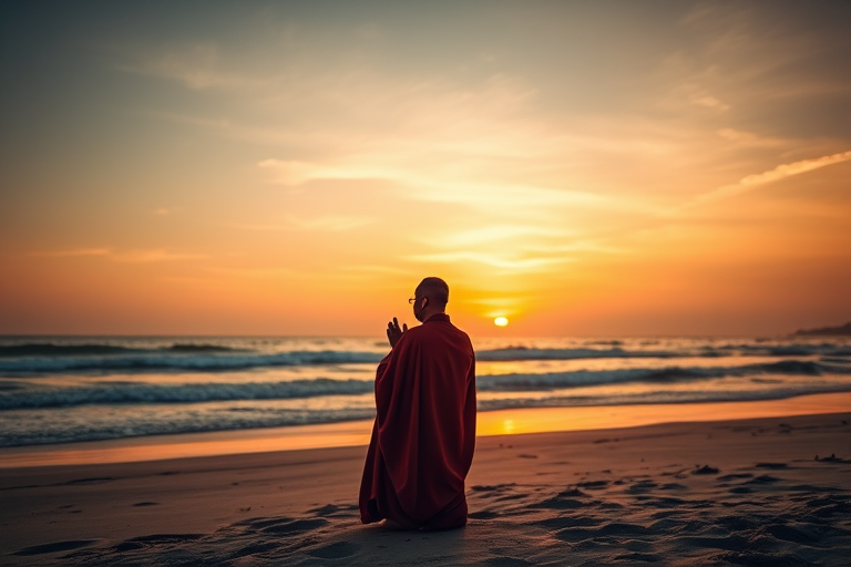Generate an image of a serene sunset at the beach with a figure in traditional robes praying, captured with a Canon EOS R5, 50mm lens, f/1.8, ISO 100, 1/200s, warm color tones, high dynamic range, soft focus background.