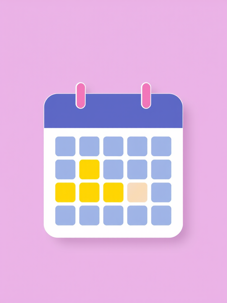 Create a colorful and modern calendar icon with a grid layout, featuring a prominent yellow highlight on one date, shot in high resolution with a Canon EOS R5, 50mm lens, f/1.8 aperture, ISO 200, natural lighting from the top, and use a clean, minimalist style.