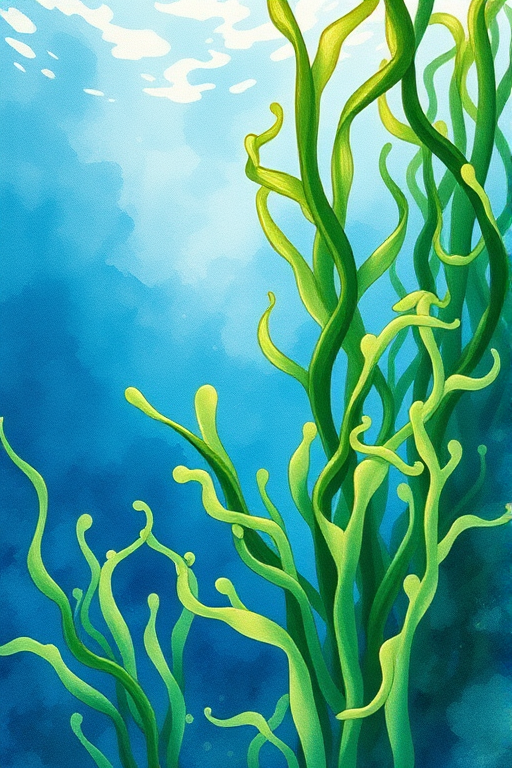 Create a vibrant watercolor illustration of underwater seaweed, focusing on intricate details and varying shades of green and blue, using a Canon EOS R5, 50mm lens, f/2.8 aperture, ISO 100, natural light.