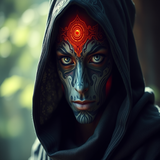 Create a mystical portrait of a hooded figure with intricate patterns and a glowing aura, shot with a 50mm lens at f/1.8, ISO 100, in soft natural light, using a DSLR camera for enhanced detail and clarity.