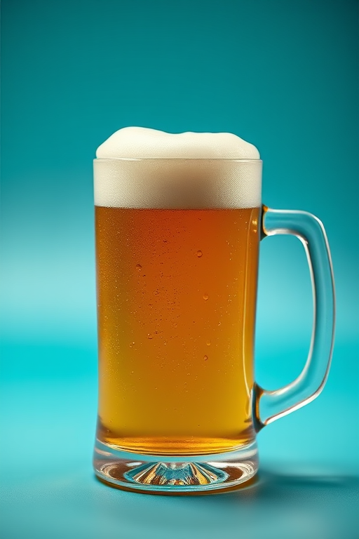 Create an image of a frothy mug of beer on a solid teal background, using a Canon EOS 5D Mark IV camera, 50mm lens, f/2.8 aperture, ISO 100, with a shallow depth of field to create a blurred background effect.