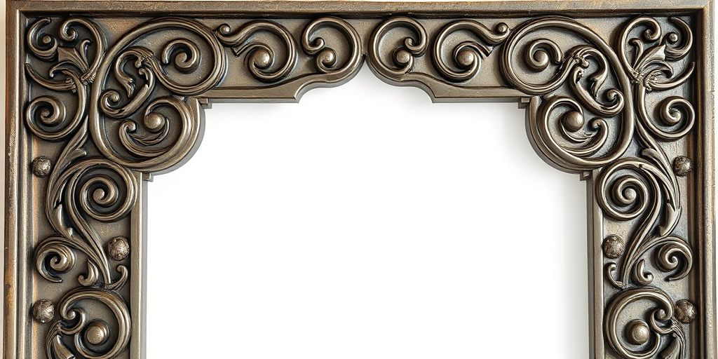 Create a high-resolution image of an ornate metallic corner frame with intricate swirling designs, captured with a Canon EOS R5, 50mm lens, f/1.8 aperture, ISO 100, in soft natural light.