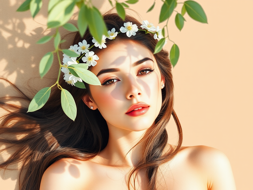 create a watercolor painting of an ethereal portrait of beautiful Tajik woman with a simple white flower crown on her head. Her hair is long and she is lying on the ground. The sunlight on the trees casts shadows from the leaves on her face and body. The background is a neutral brown color that matches her skin tone. The image is minimalist and solid colors. This style is characterized by soft, delicate brushstrokes and a light, airy, contrasting color palette. High level of detail and play of light
