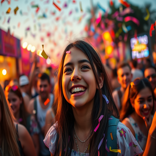 A vibrant festival scene depicting a girl with tears of joy, surrounded by colorful confetti in a lively crowd, shot with a Canon EOS R5, 50mm lens, f/1.8, ISO 100, at sunset for enhanced lighting and depth of field.