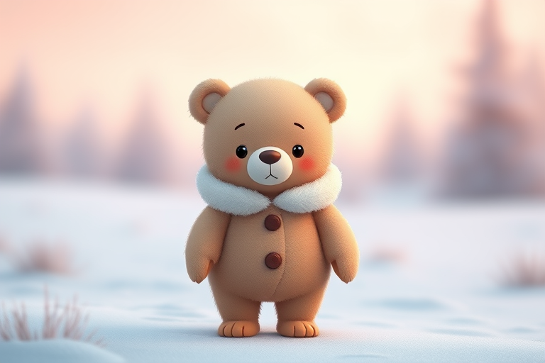 Create a cute cartoon bear character wearing a fluffy coat, standing in a snowy landscape with soft pastel colors in the background, shot with a DSLR camera at f/2.8 aperture, ISO 100, with a 50mm lens, using a shallow depth of field for a dreamy effect.