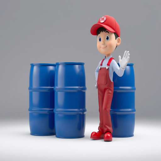 a three-dimensional character in red overalls and a red cap waving next to two blue barrels, studio lighting, 85mm lens, ISO 100, f/8 aperture, high-resolution render