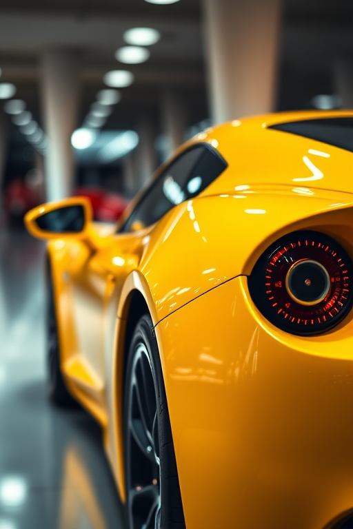 Create a hyper-realistic image of a sleek, yellow sports car in a dynamic angle, using a DSLR camera with a 50mm lens, aperture f/1.8, ISO 100, and a shallow depth of field to emphasize the car against a blurred background while capturing vivid details and reflections.