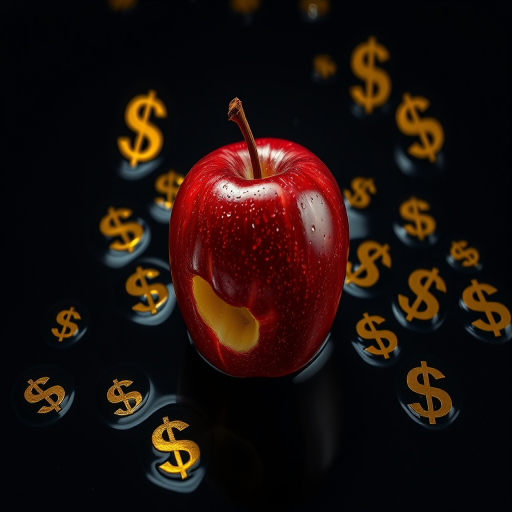 Create a high-resolution image of a glossy red apple with a bite taken out, surrounded by falling golden dollar signs, in a dark, reflective water surface, with soft studio lighting, using a Canon EOS R5, 50mm f/1.2 lens, ISO 100, f/8, shutter speed 1/125 sec, top-down perspective for an immersive effect.