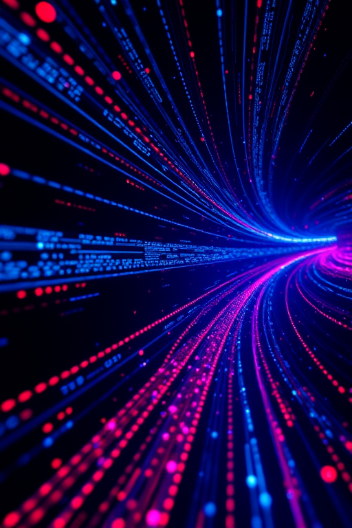 Generate a high-resolution abstract digital background with glowing blue and red data streams flowing through a dark space, using a wide-angle lens at f/2.8, ISO 100, 1/60s shutter speed, photographed with a DSLR camera.