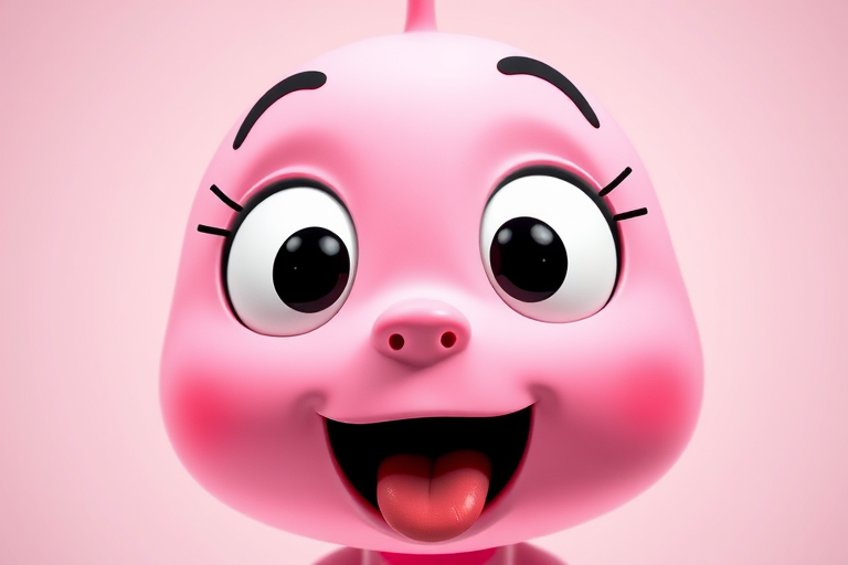 Generate a cartoon character with a large pink face, big white eyes with dark pupils, an open mouth showing a tongue, and expressive eyebrows, shot with a DSLR camera using a 50mm lens at f/1.8 for a shallow depth of field, in bright lighting with a vibrant color palette, focusing on a smooth, clean background.
