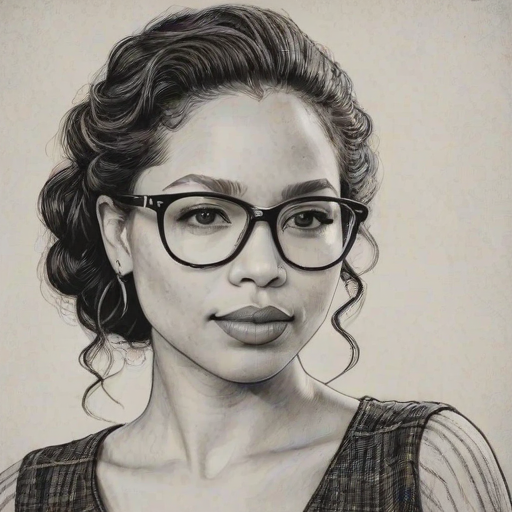 Captivating Jurnee Smollett-Bell, pencil sketch, portrait of Lovely woman 1922s in glasses, hair style beatnik, outline, clear lines, fine lines, 8k