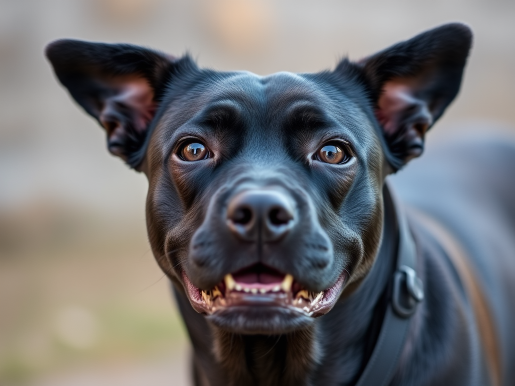 Regenerate an image of a black dog with an expressive face, captured in natural light, using a DSLR camera with a 50mm lens, aperture set to f/1.8, ISO 200, and a shallow depth of field to emphasize the dog's features against a blurred background.