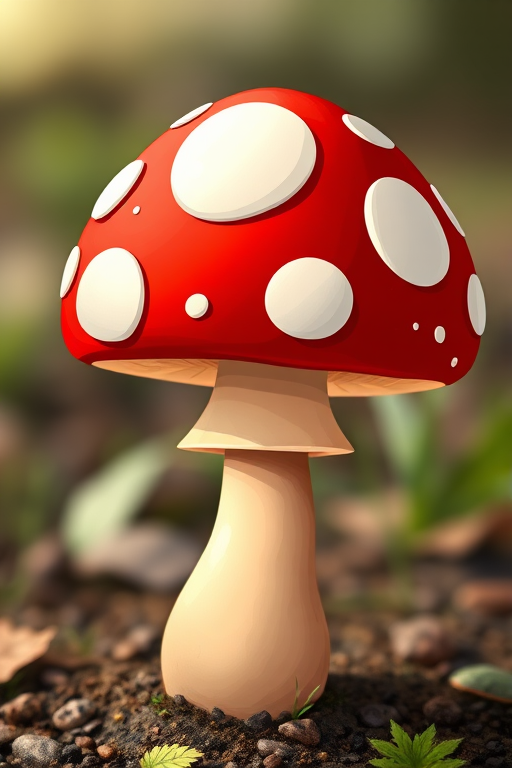Create a vibrant, high-resolution illustration of a cartoon mushroom with a rich red cap featuring large white spots and a beige stem, captured in a sharp close-up view with a digital camera set to f/2.8 aperture, ISO 100, with a 50mm lens to enhance detail and color saturation.