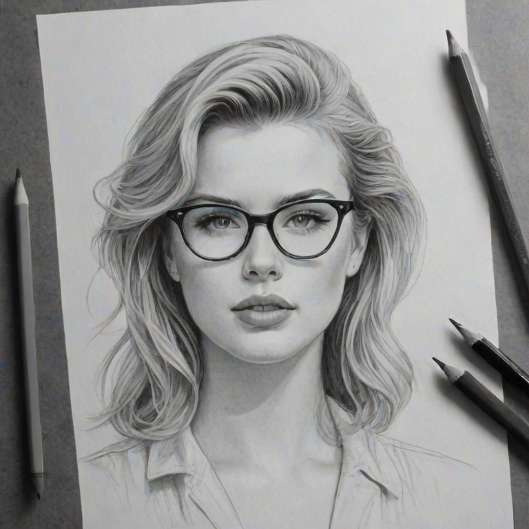 Delightful Ireland Baldwin, pencil sketch, portrait of Exquisite woman 1948s in glasses, hair style beatnik, outline, clear lines, fine lines, 8k