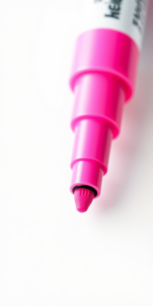 A vibrant pink highlighter marker, angled diagonally with a smooth cap and an open tip, captured in a minimalistic white background, using a DSLR camera, aperture f/2.8, ISO 100, shutter speed 1/200s, macro view for enhanced detail and clarity.