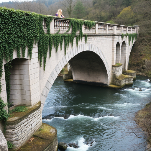 Old stone bridge over a winding river, with ivy creeping up the sides, a woman leans on the railing, her long hair caught in the breeze as she gazes down at the water flowing below.