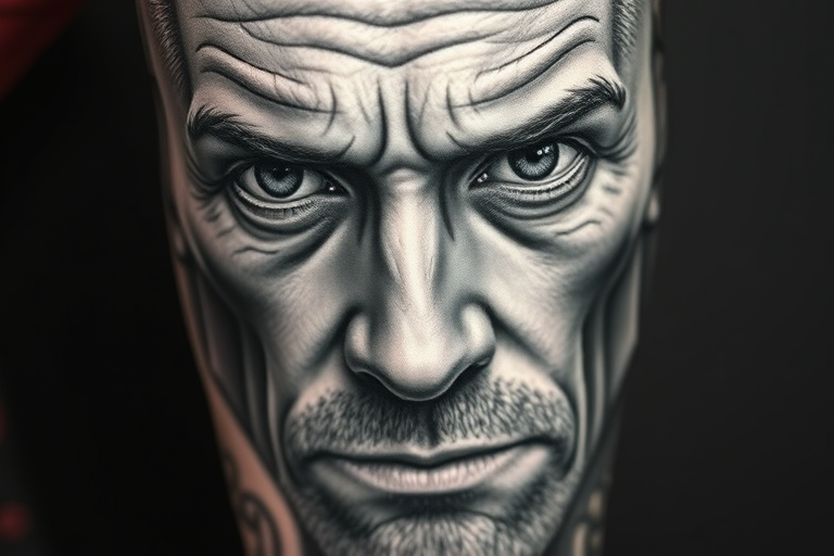 Realistic grayscale portrait tattoo showcasing hyper-detailed facial features, utilizing various shading techniques to create depth and dimension, capturing the subject's essence with lifelike precision
