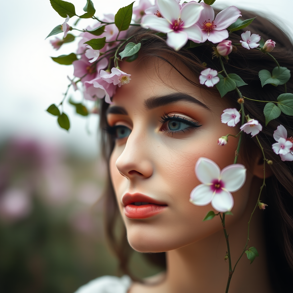 Regenerate the image of a woman with flowers and vines subtly integrated into her facial features, captured in soft natural light with a shallow depth of field, using a full-frame DSLR camera with a 50mm lens at f/1.8, ISO 100, and a slightly overcast sky for even lighting.