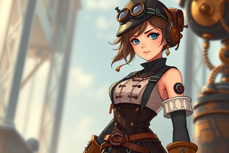 Generate a highly detailed illustration of a steampunk-inspired female character standing confidently, featuring intricate mechanical elements and vintage attire, with a soft-focus background, using a Canon EOS R5, 50mm lens, f/1.8 aperture, ISO 100, and natural lighting to enhance clarity and depth.