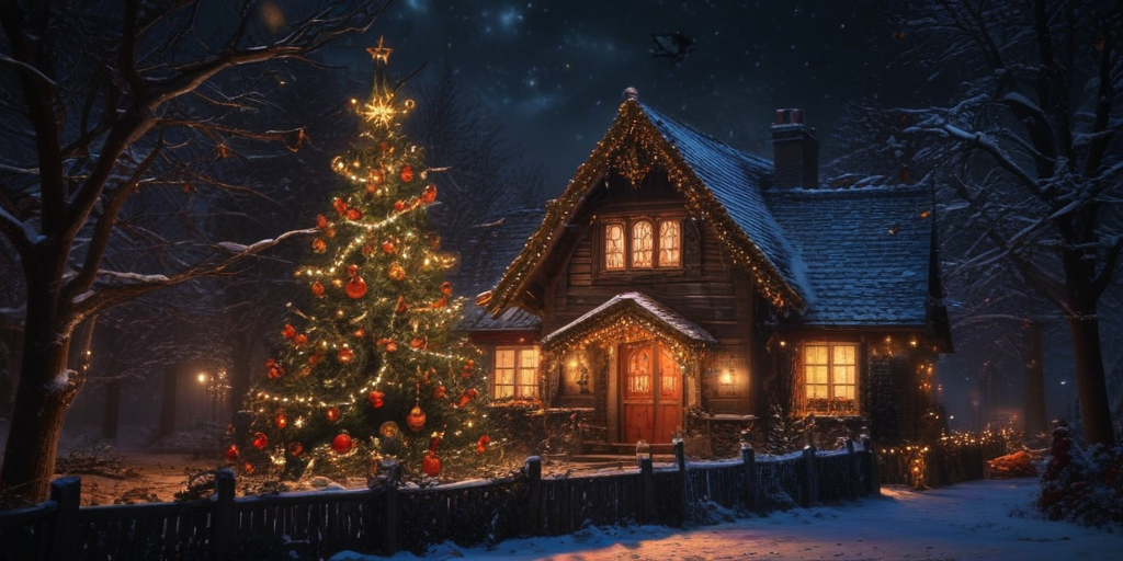 A Cozy Christmas Scene with a Decorated Tree and Snowy Cabin.