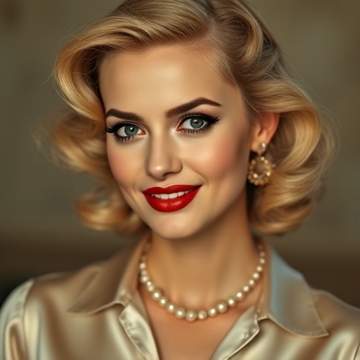 A beautiful Sephardic woman reminiscent of 1950s Hollywood glamour, with perfectly styled blonde hair and a seductive smile, dressed in a satin blouse and adorned with pearls, soft and warm tones, photorealistic, 8K