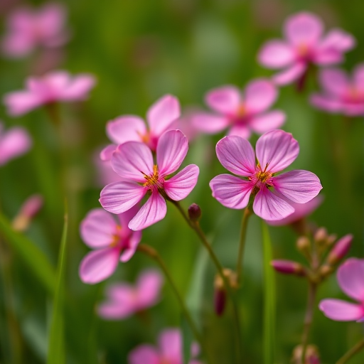 Regenerate a vibrant macro shot of pink flowers in a lush green field, using a Canon EOS 5D Mark IV with a 100mm f/2.8L macro lens, aperture set to f/4 for a shallow depth of field, ISO 200, and a shutter speed of 1/200s to capture fine details and vivid colors.
