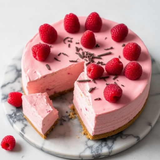 Create an image of a pink raspberry cheesecake topped with fresh raspberries and dark chocolate shavings, with a slice cut out to show the creamy texture inside, presented on a round marble platter.