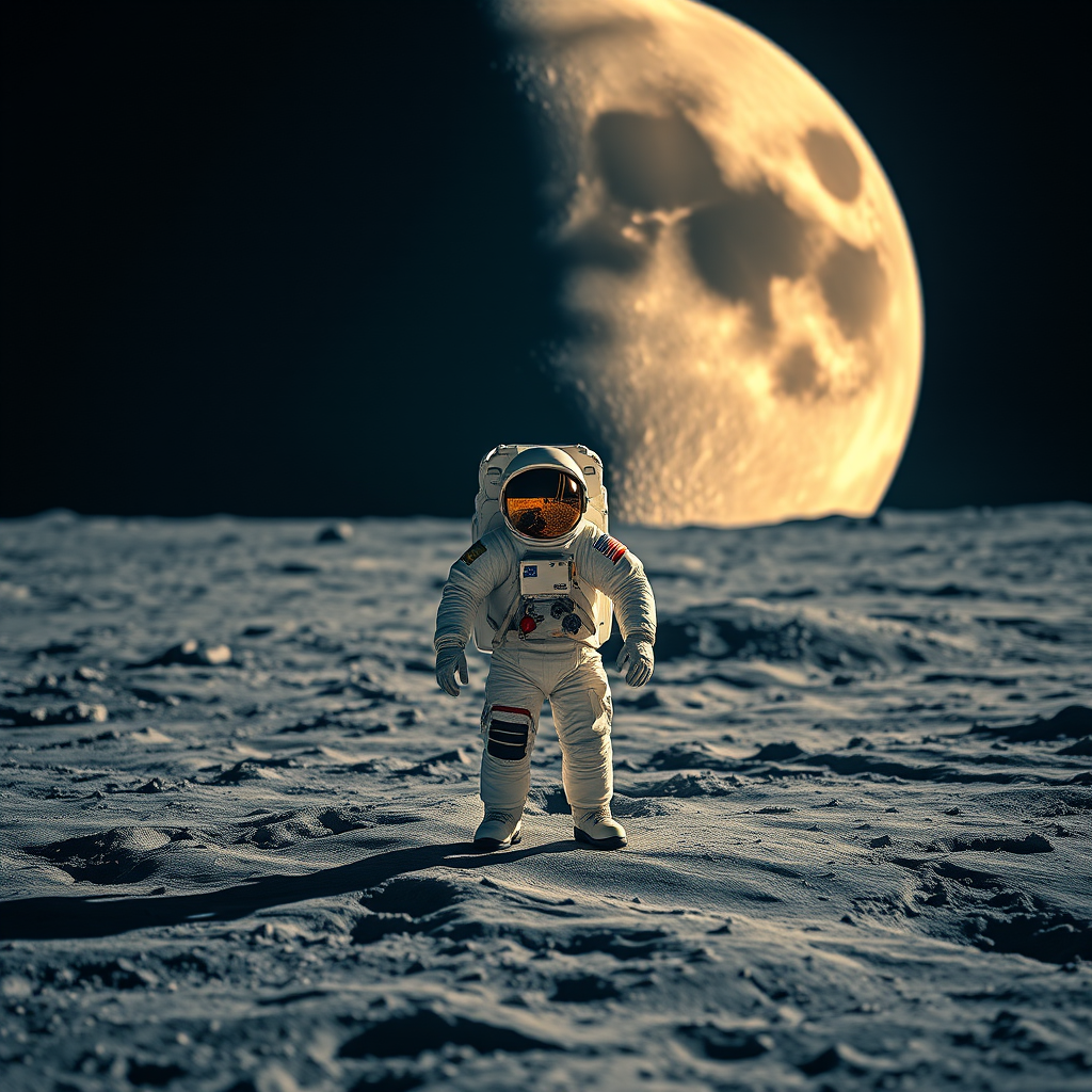 Create an image of an astronaut standing on the moon with a large, detailed moon in the background, using a full-frame DSLR camera with a 24mm lens, aperture f/8, ISO 100, 1/125s shutter speed, captured in high dynamic range to enhance colors and contrasts.