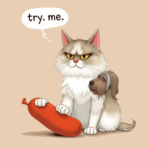 caricature of a silly whimsical fluffy cat with a mean look she has one foot on a sausage and is looking at an old scraggly big dog the cat has a thought bubble above her head that says “try,me"