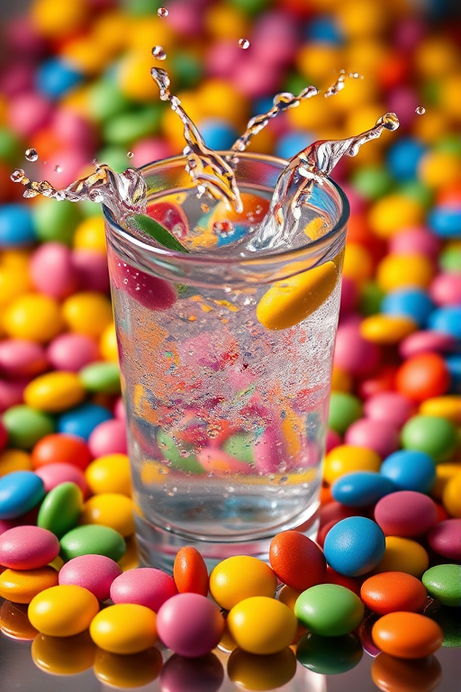 vibrant shot of a colorful candy scene featuring a glass of water splashing with rainbow-colored candies surrounding it, taken with a Canon EOS R5, 50mm lens, f/1.8 aperture, ISO 100, and a shallow depth of field to enhance detail and vivid colors, natural lighting and high dynamic range to capture reflections and textures