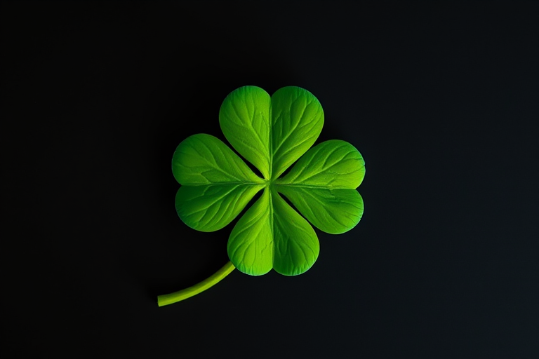 regenerate a vibrant four-leaf clover on a solid black background with high saturation, 50mm lens, f/2.8 aperture, ISO 100, top-down view, DSLR camera, soft natural lighting
