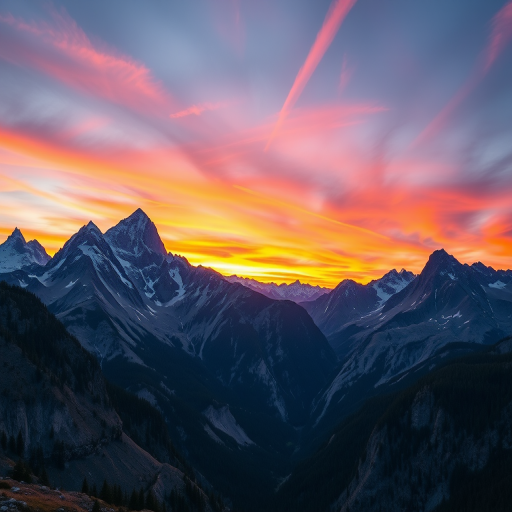 Generate a high-resolution image of a majestic mountain landscape during sunset, with vibrant colors in the sky, using a DSLR camera with a 24mm lens, aperture set to f/8, ISO 100, and a shutter speed of 1/200 seconds, shot from a wide-angle perspective to capture the vastness of the scene.