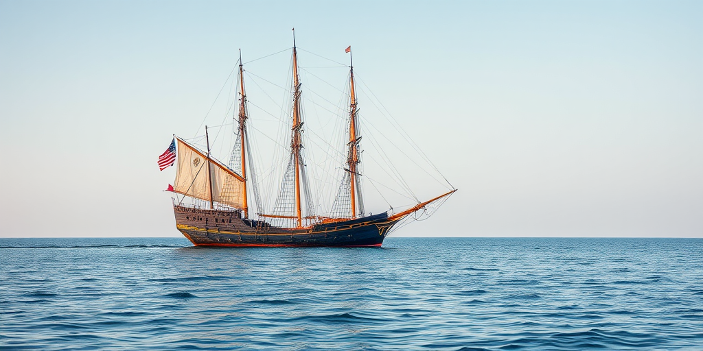 Create a realistic image of an old sailing ship on calm water with a clear sky, using a DSLR camera with a 50mm lens, f/8 aperture, ISO 100, and a sharp focus to enhance details and colors.