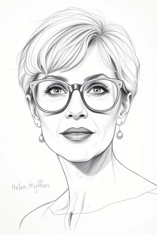 Beautiful Helen Mirren, pencil sketch, portrait of beautiful woman 60s in glasses, hair style beatnik, outline, clear lines, fine lines, 8k
