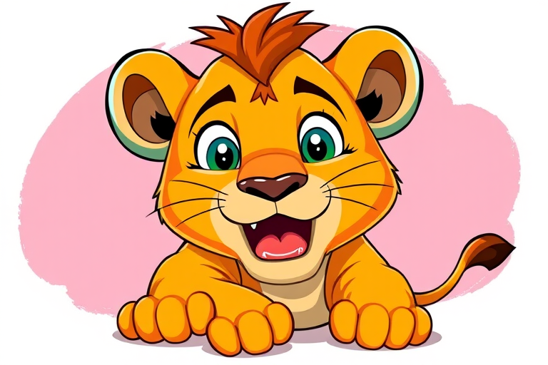 Create a vibrant cartoon illustration of a playful lion cub, featuring bright colors and exaggerated facial features, shot with a Canon EOS R5 at f/8, ISO 100, and a 50mm lens for sharp detail and depth of field, in a dynamic, slightly angled front view style.