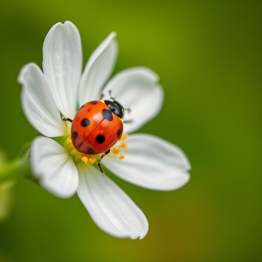 close-up shot of a ladybug on a white flower with a blurred green background, aperture f/4, shutter speed 1/200s, ISO 200, using a DSLR camera, 50mm lens, natural lighting, macro photography style