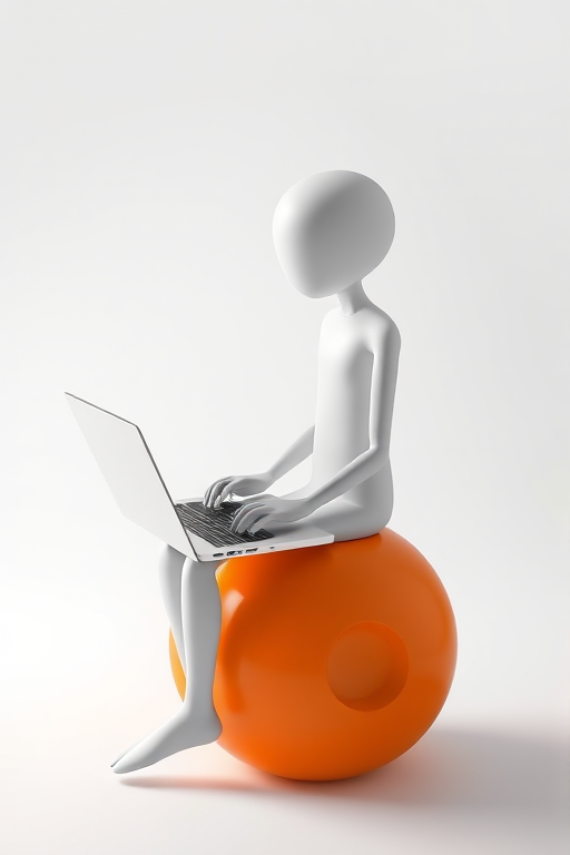 Create a 3D rendering of a humanoid figure sitting on a large orange at symbol while working on a laptop, use a Nikon D850 camera with a 50mm lens at f/2.8, ISO 100, and a shallow depth of field, with soft, diffused lighting and a clean white background for enhanced image quality.