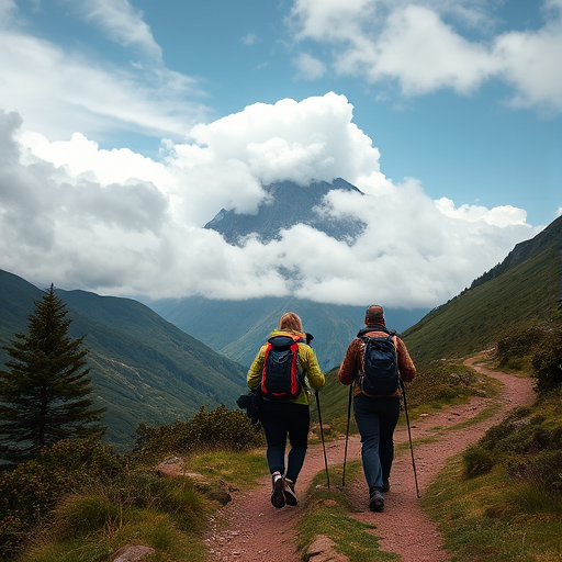 Create a high-resolution image of three hikers with trekking poles walking along a path in a mountainous landscape, featuring a towering peak shrouded in dramatic clouds, captured with a Canon EOS R5, 24mm lens, f/8 aperture, ISO 100, and using a wide-angle view for depth.